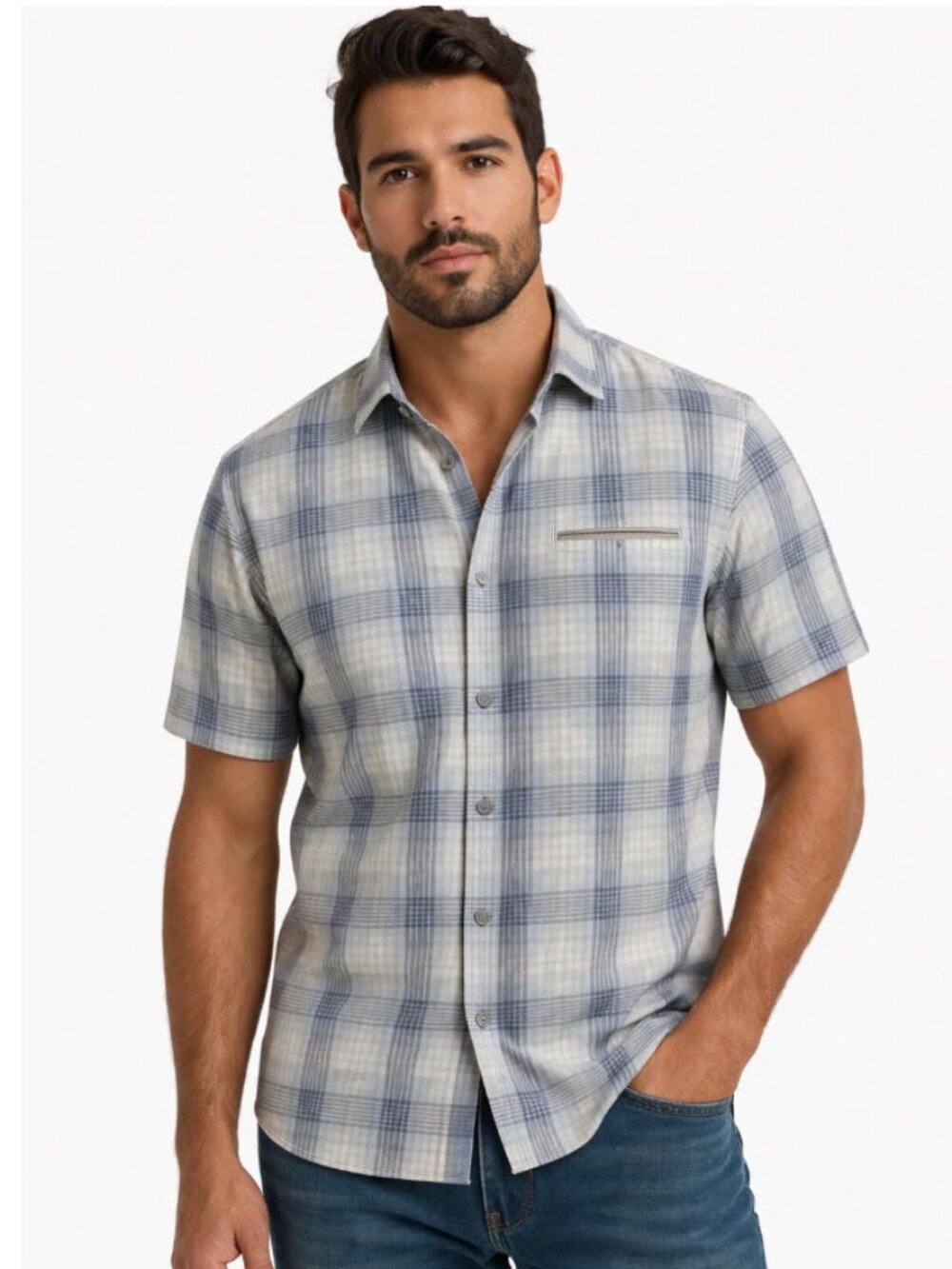 7 Diamonds Blue, Grey Plaid Short Sleeve Shirt Large​​​​​​